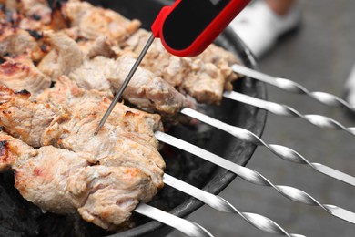 Photo of Measuring temperature of delicious kebab on metal brazier outdoors, closeup