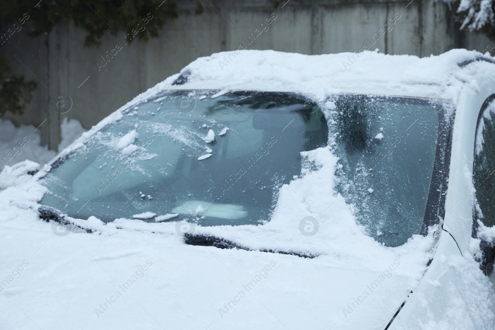 Photo of Car windshield with wiper blades cleaned from snow outdoors on winter day