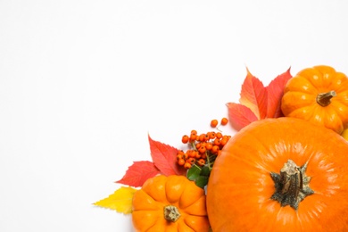 Flat lay composition with ripe pumpkins and autumn leaves on white background, space for text. Happy Thanksgiving day
