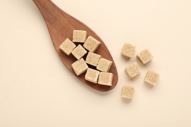 Brown sugar cubes and wooden spoon on beige background, top view