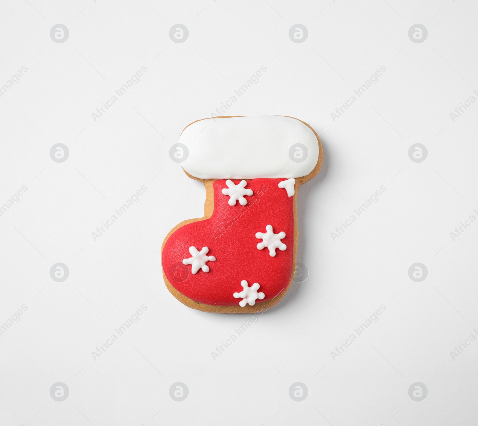 Photo of Tasty homemade Christmas cookie on white background, top view