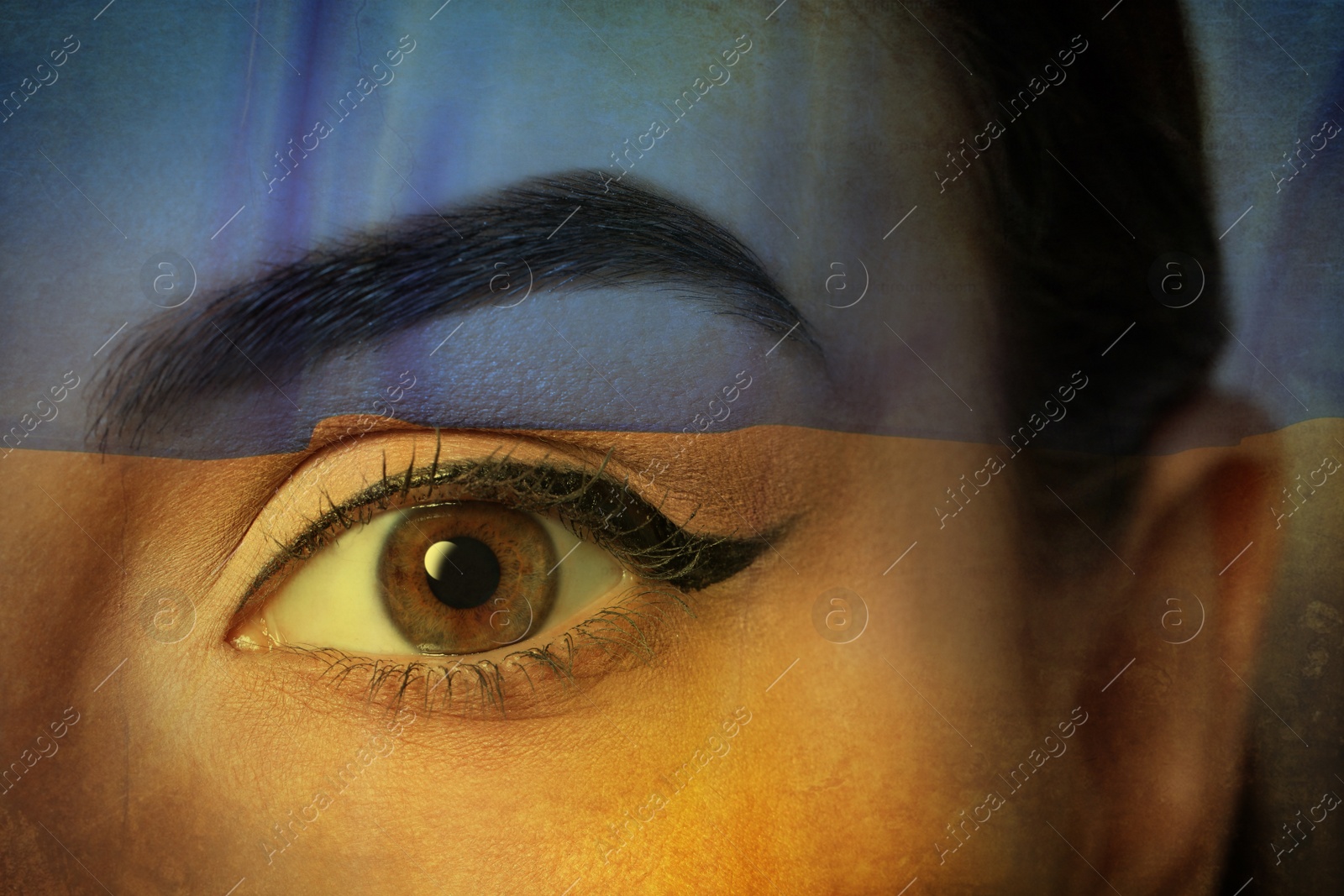 Image of Double exposure of Ukrainian national flag and young woman, closeup view