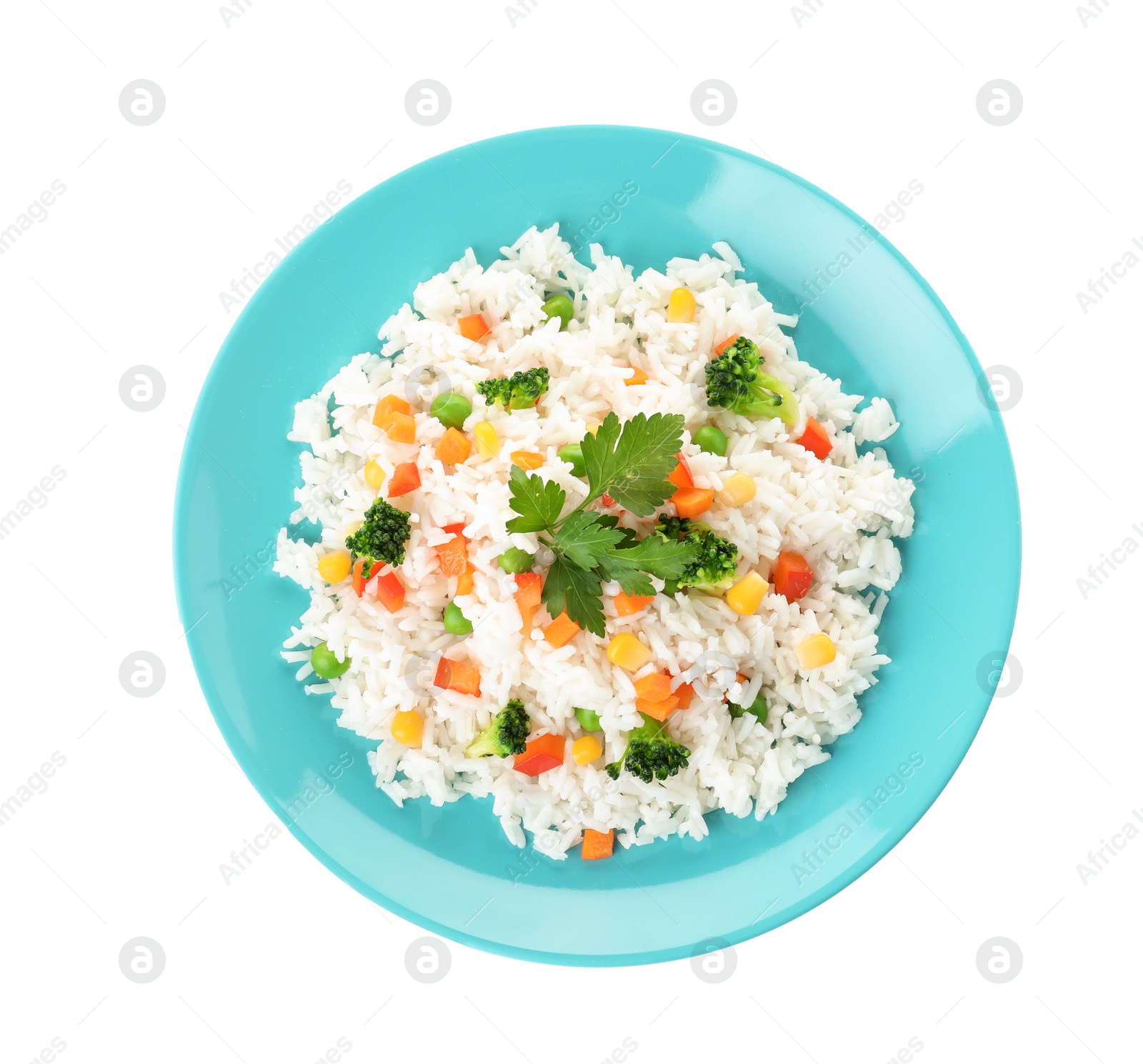 Photo of Plate with tasty rice and vegetables on white background, top view