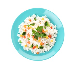 Photo of Plate with tasty rice and vegetables on white background, top view