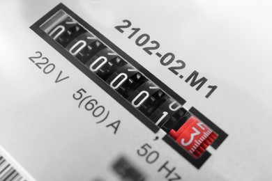 Photo of Closeup view of electricity meter. Measuring device