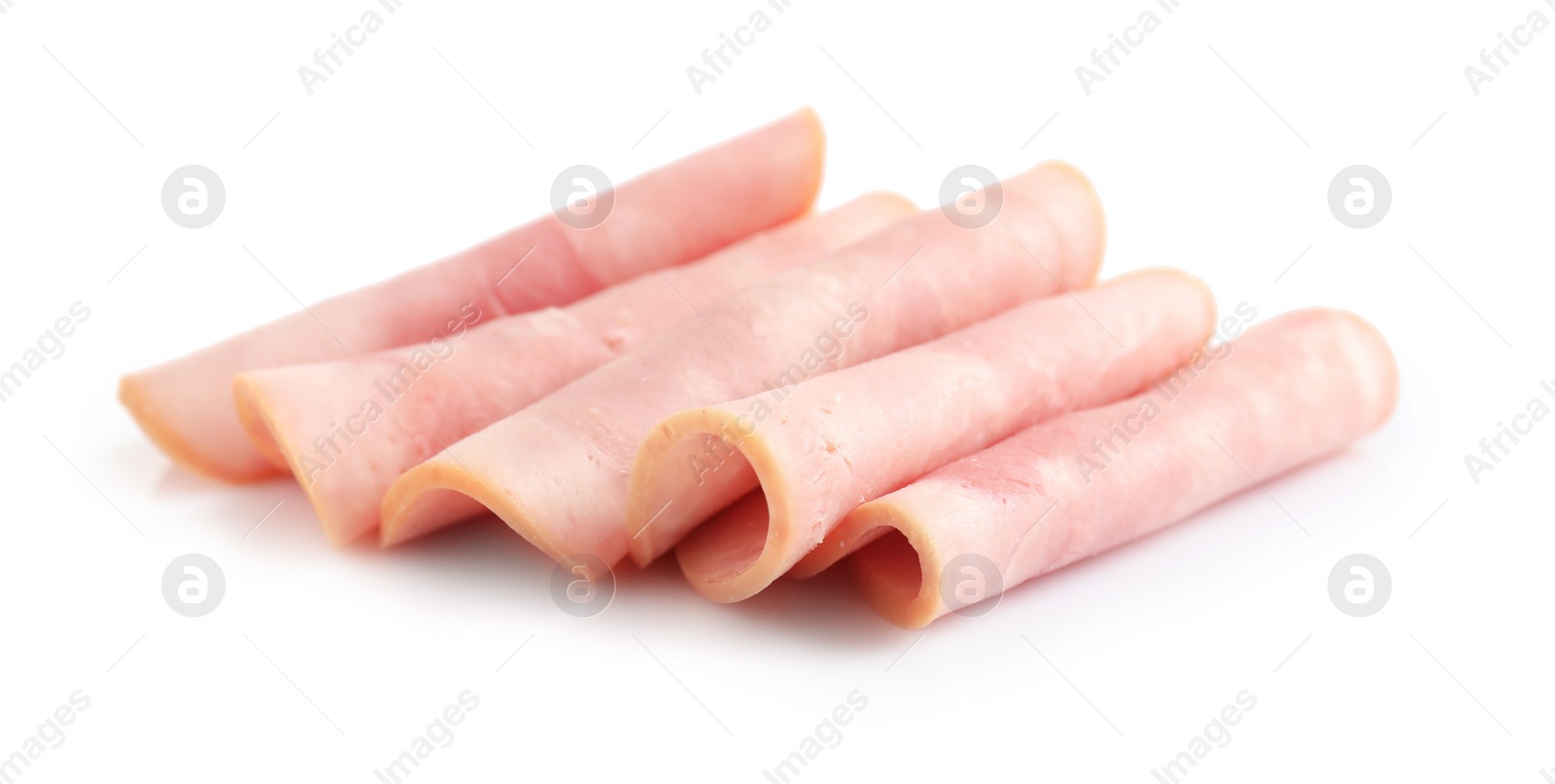 Photo of Slices of tasty fresh ham isolated on white