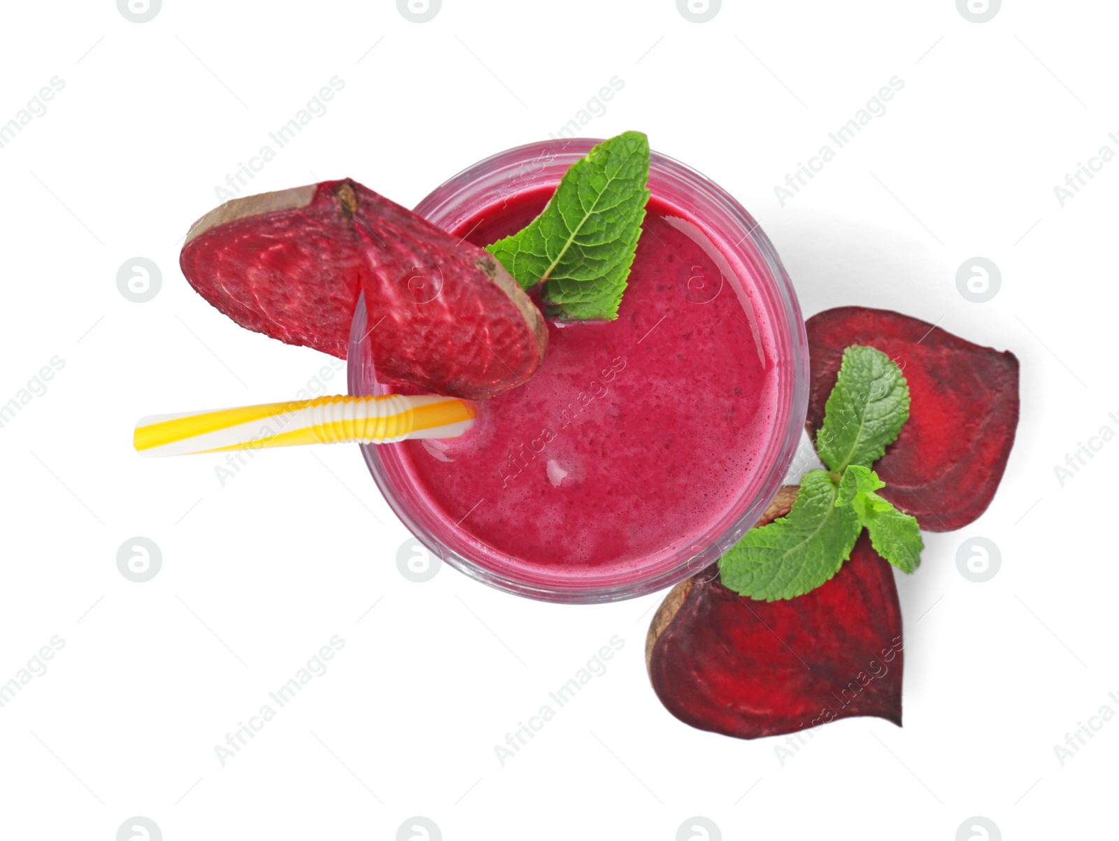 Photo of Glass with delicious detox smoothie on white background, top view