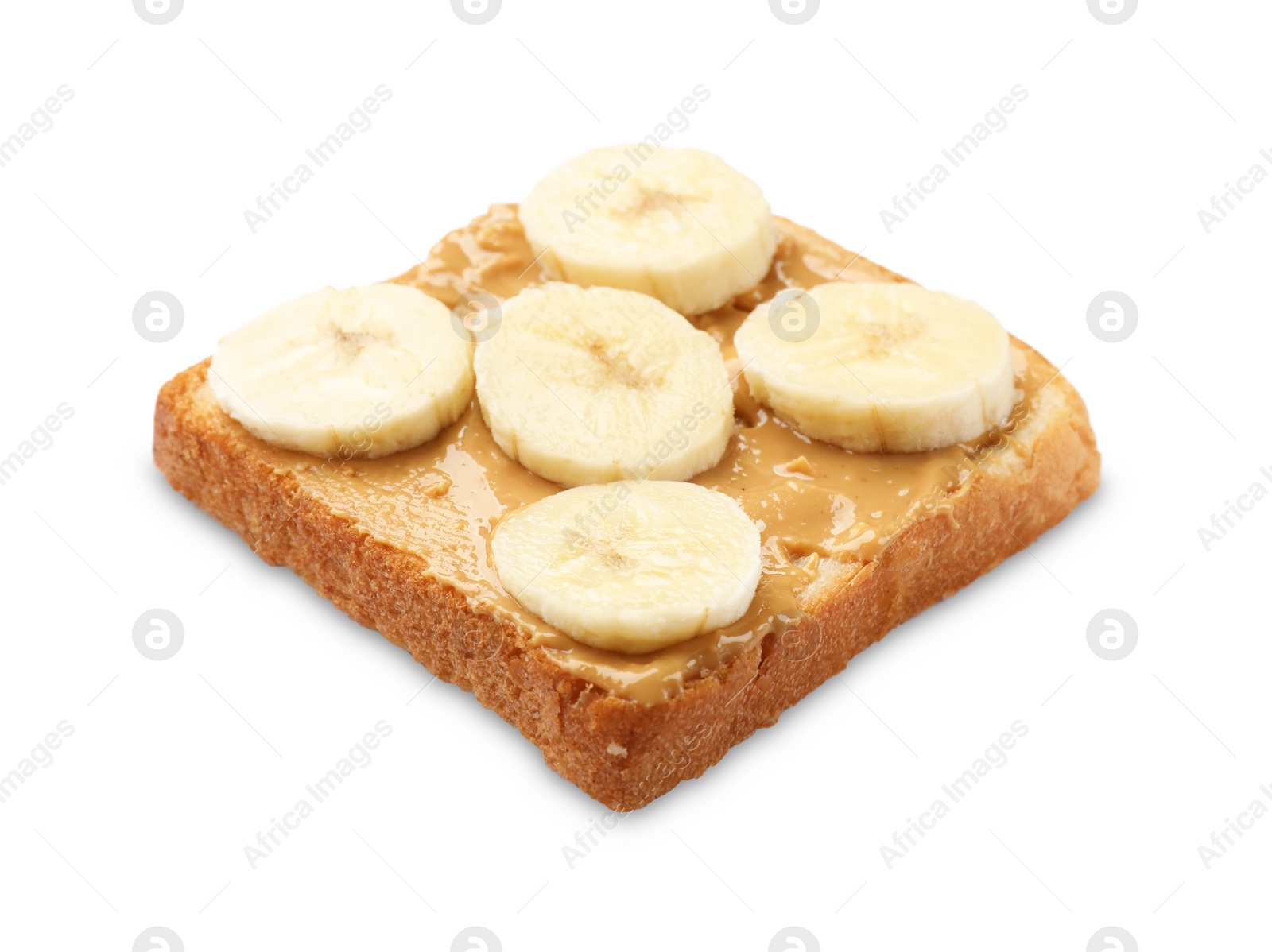 Photo of Delicious toast with peanut butter and banana isolated on white