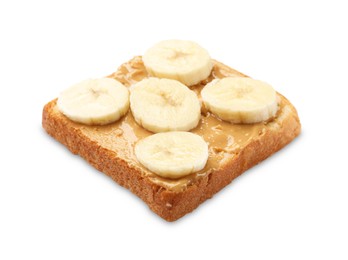 Photo of Delicious toast with peanut butter and banana isolated on white