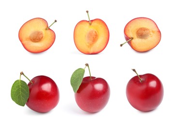 Image of Set with delicious ripe cherry plums on white background 