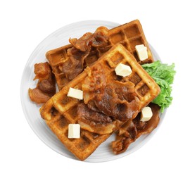 Photo of Delicious Belgium waffles served with fried bacon and butter isolated on white, top view
