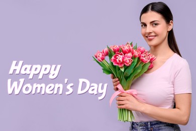 Happy Women's Day - March 8. Attractive lady with bouquet of tulips on pale violet background