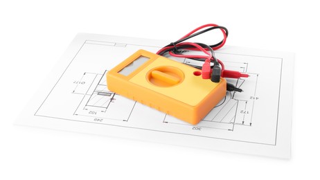 Digital multimeter and blueprint on white background. Electrician's tool