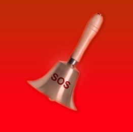 Image of Golden bell with abbreviation SOS on red background