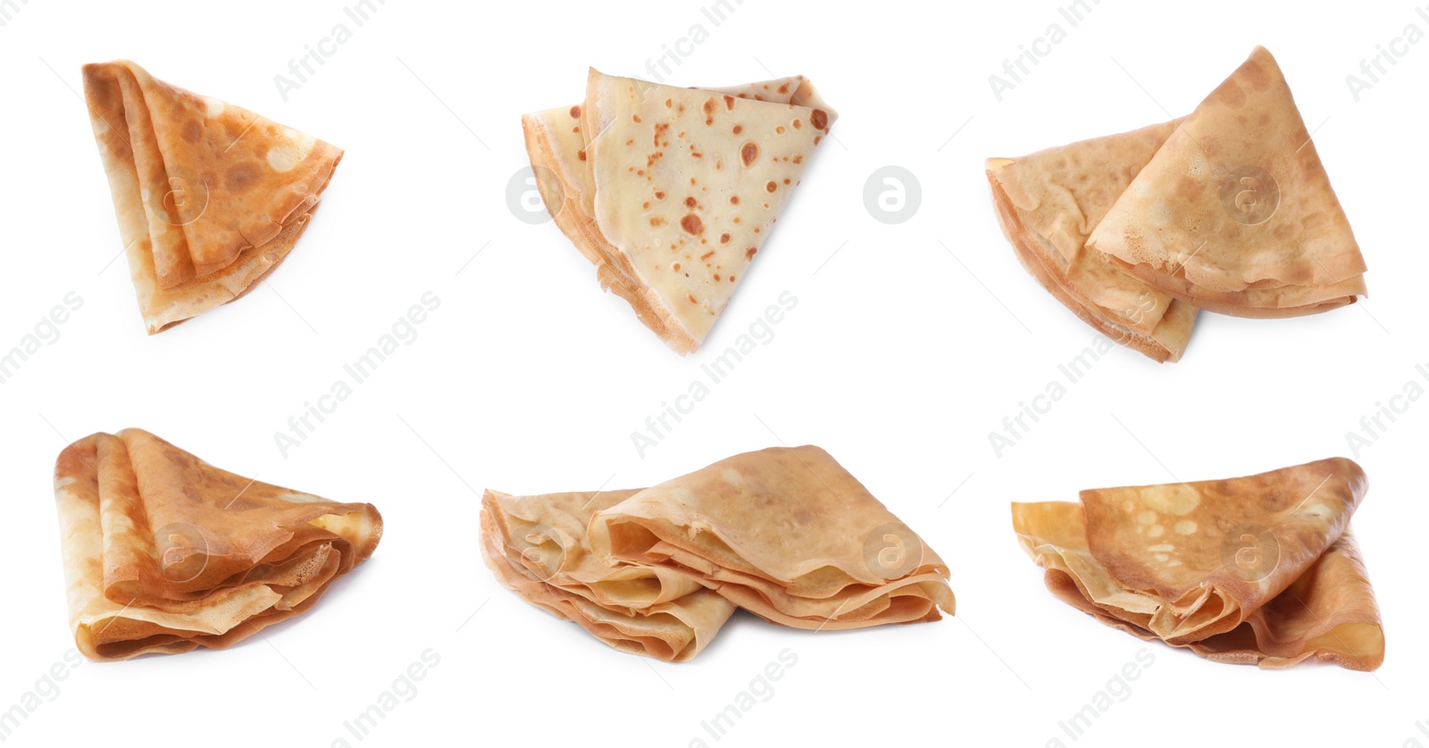 Image of Set of delicious crepes on white background. Banner design