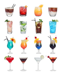 Set of tasty alcoholic cocktails on white background