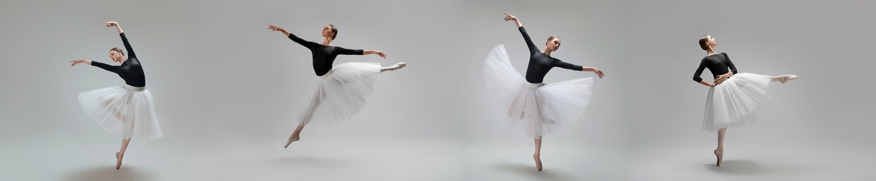 Ballerina practicing dance moves on grey background, set of photos