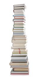 Photo of High stack of many different books isolated on white