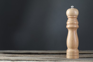 Salt or pepper shaker on wooden table, closeup. Space for text