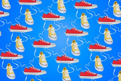 Image of Collage of classic old school sneakers on blue background, different views