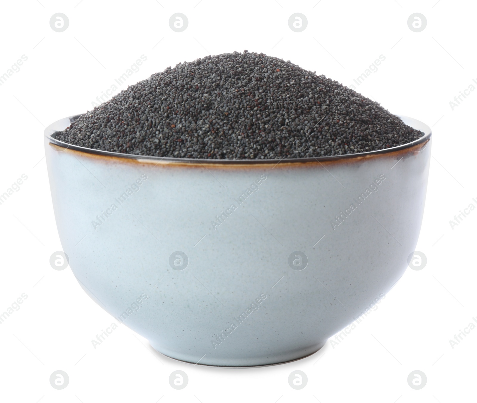 Photo of Poppy seeds in ceramic bowl isolated on white