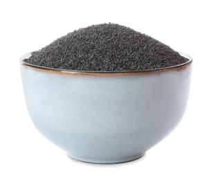 Photo of Poppy seeds in ceramic bowl isolated on white