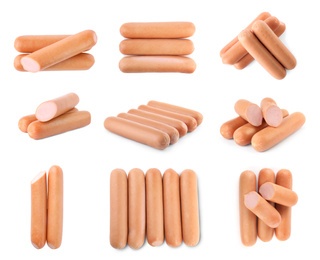 Image of Set with tasty sausages on white background