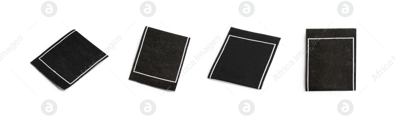 Image of Blank black clothing labels on white background, collage. Banner design