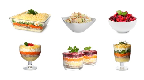 Image of Set of traditional russian salads on white background