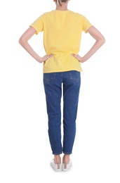 Photo of Young slim woman on white background, closeup. Weight loss