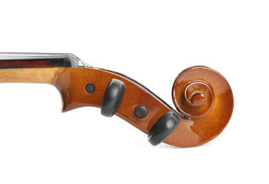 Photo of Beautiful classic violin isolated on white, closeup. Musical instrument