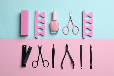 Photo of Composition with manicure and pedicure tools on color background, flat lay