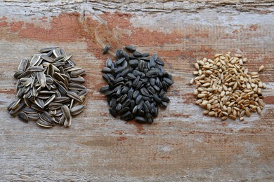 Photo of Flat lay composition with piles of different sunflower seeds on wooden table