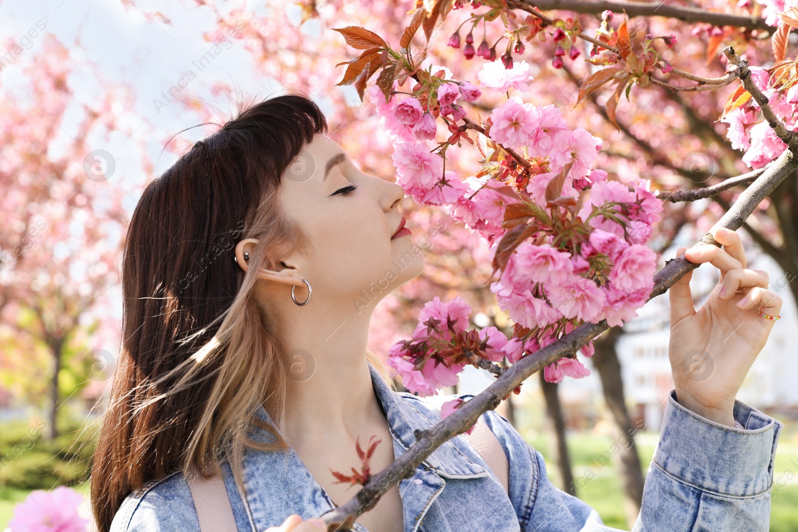 Photo of Beautiful young woman near blossoming sakura tree in park