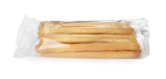 Photo of Fresh delicious grissini sticks on white background