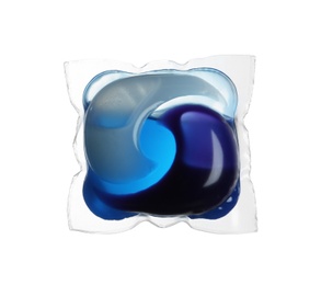 Photo of Laundry capsule isolated on white. Detergent pod