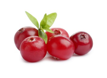 Photo of Fresh ripe cranberries with leaves isolated on white