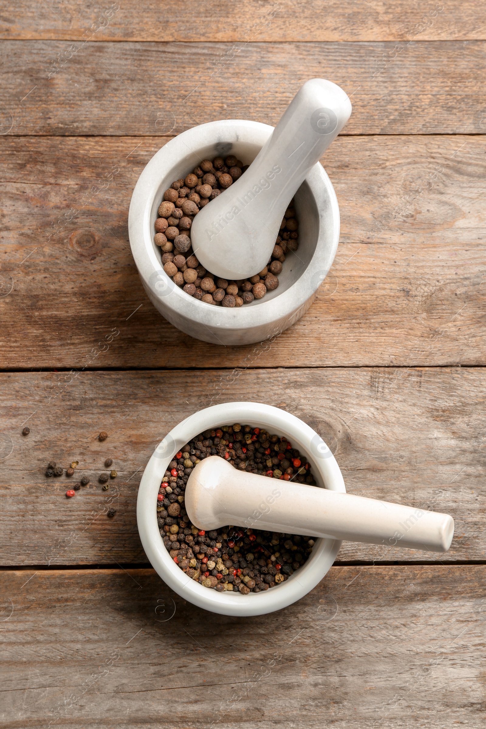 Photo of Flat lay composition with mix of peppers on wooden background