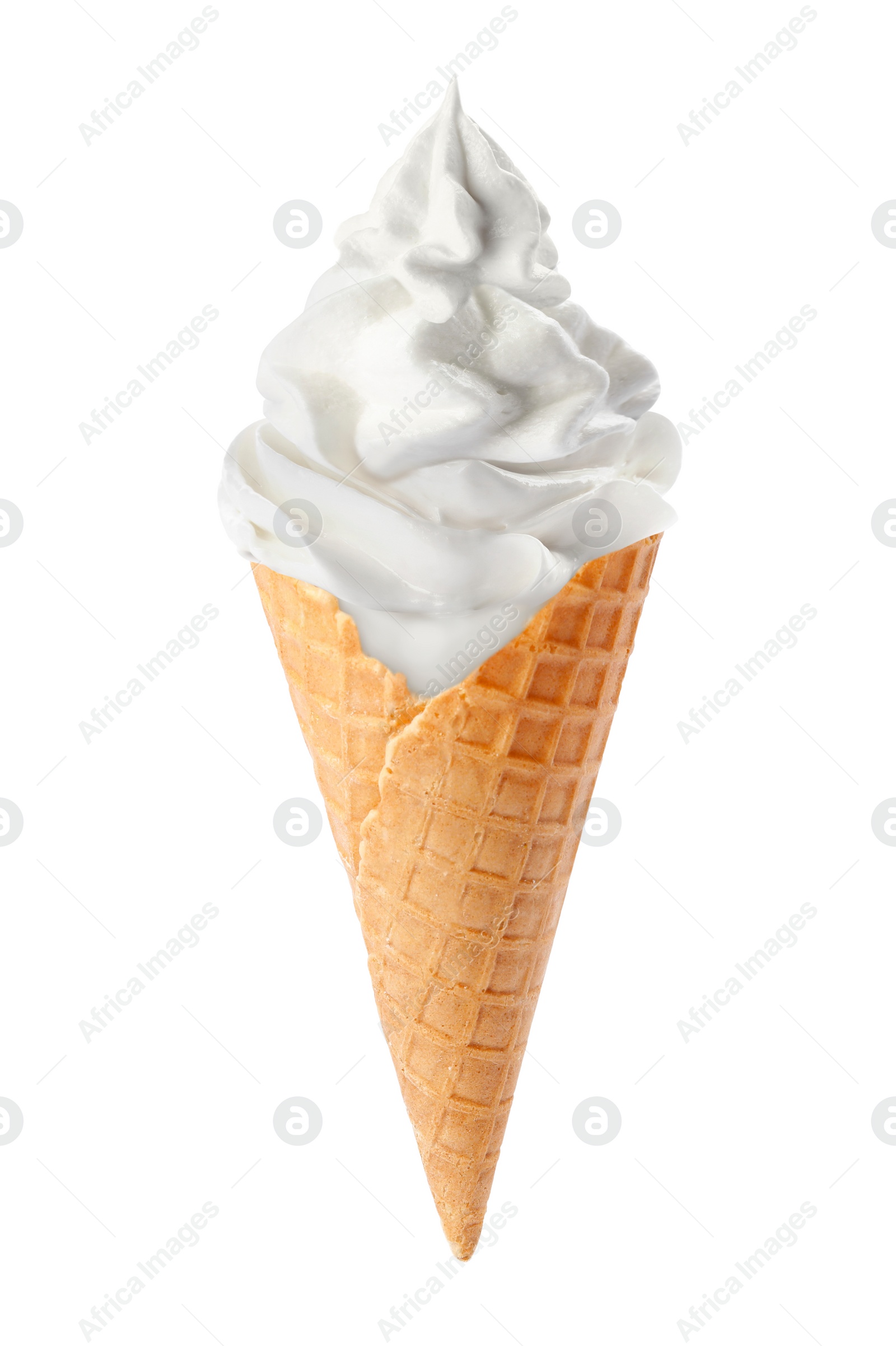 Tasty ice cream in waffle cone isolated on white. Soft serve Image of Tasty ice cream in waffle cone isolated on white. Soft serve