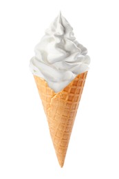Image of Tasty ice cream in waffle cone isolated on white. Soft serve