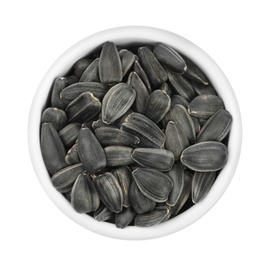 Photo of Sunflower seeds in bowl isolated on white, top view