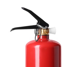 Photo of One red fire extinguisher on white background