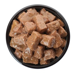 Photo of Wet pet food in feeding bowl isolated on white, top view