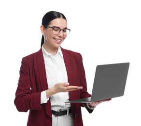 Photo of Happy woman pointing at laptop on white background