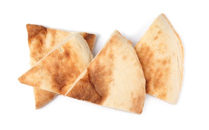 Photo of Cut fresh pita bread on white background, top view