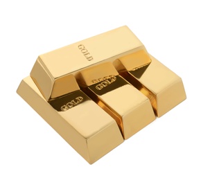 Photo of Precious shiny gold bars on white background