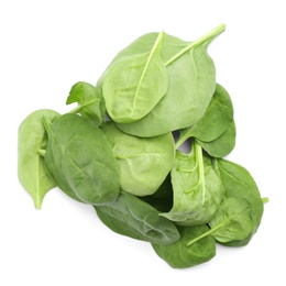 Photo of Pile of fresh spinach leaves isolated on white, top view