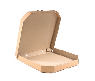 Photo of Open cardboard pizza box on white background. Food delivery