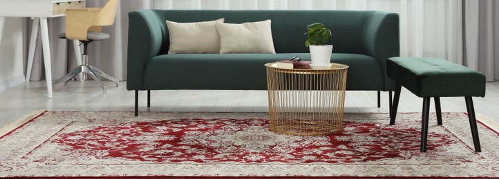 Image of Stylish living room with beautiful carpet and furniture. Banner design