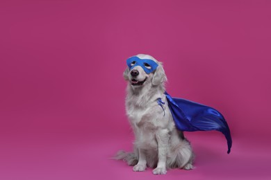Photo of Adorable dog in blue superhero cape and mask on pink background, space for text